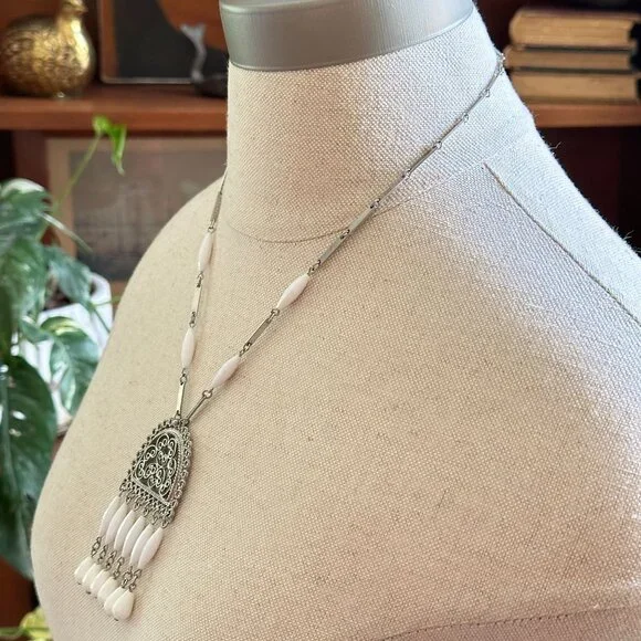 Vintage Silver Chandelier Pendant Necklace With White Beads & Teardrop Accents - Picture 3 of 9